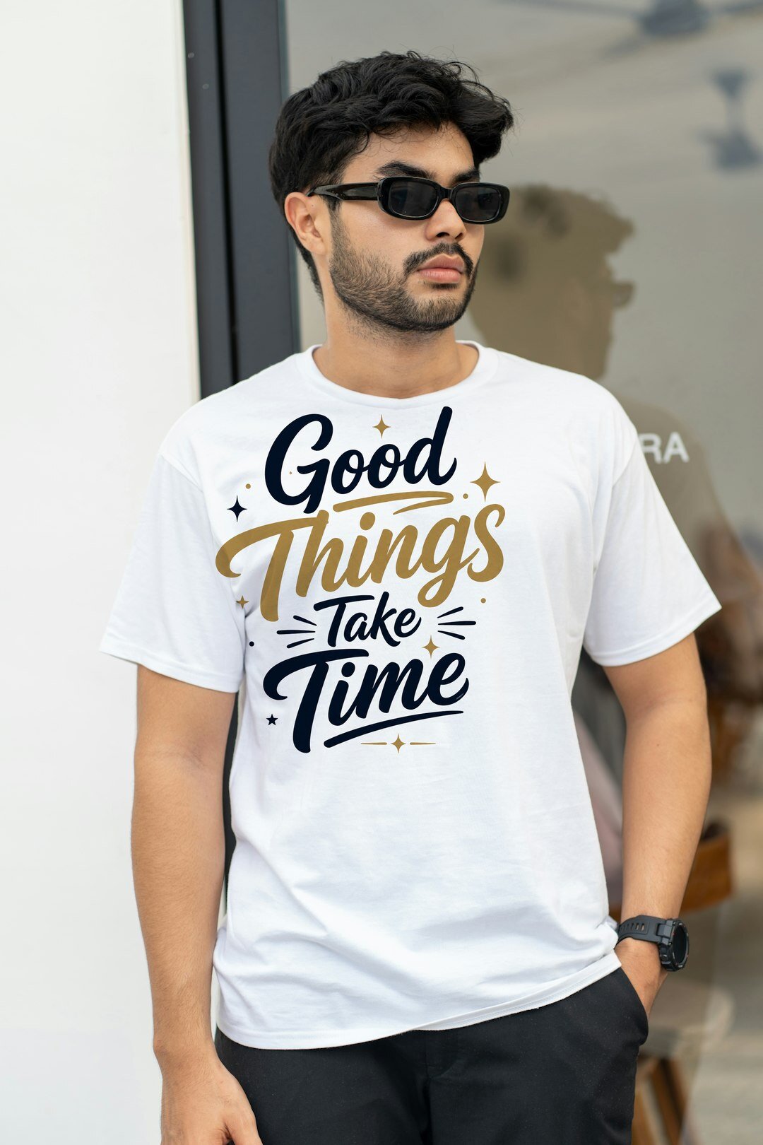 Good Things Take Time - t-shirt model mockup (man-street) Model wearing a t-shirt with the "Good Things Take Time" design