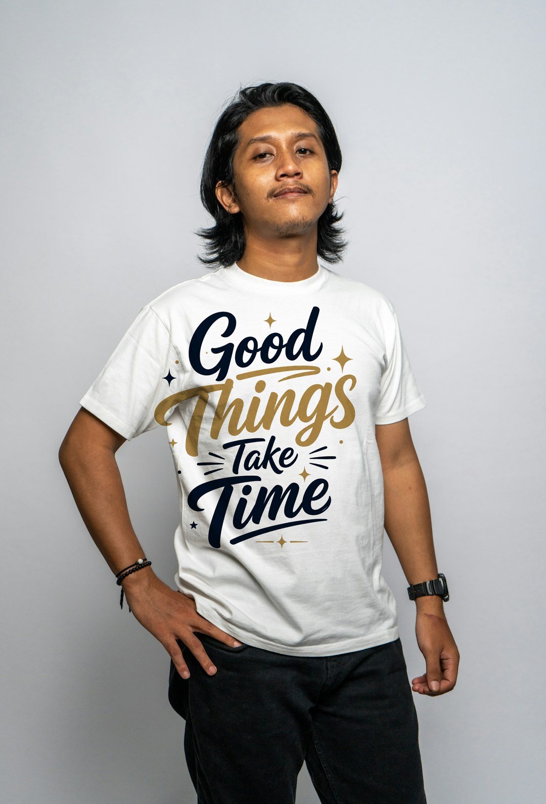 Good Things Take Time - t-shirt model mockup (man-studio) Model wearing a t-shirt with the "Good Things Take Time" design