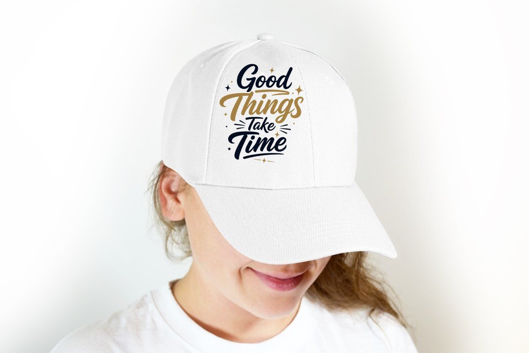 Good Things Take Time - cap model mockup (woman-cap) Model wearing a baseball cap with the "Good Things Take Time" design