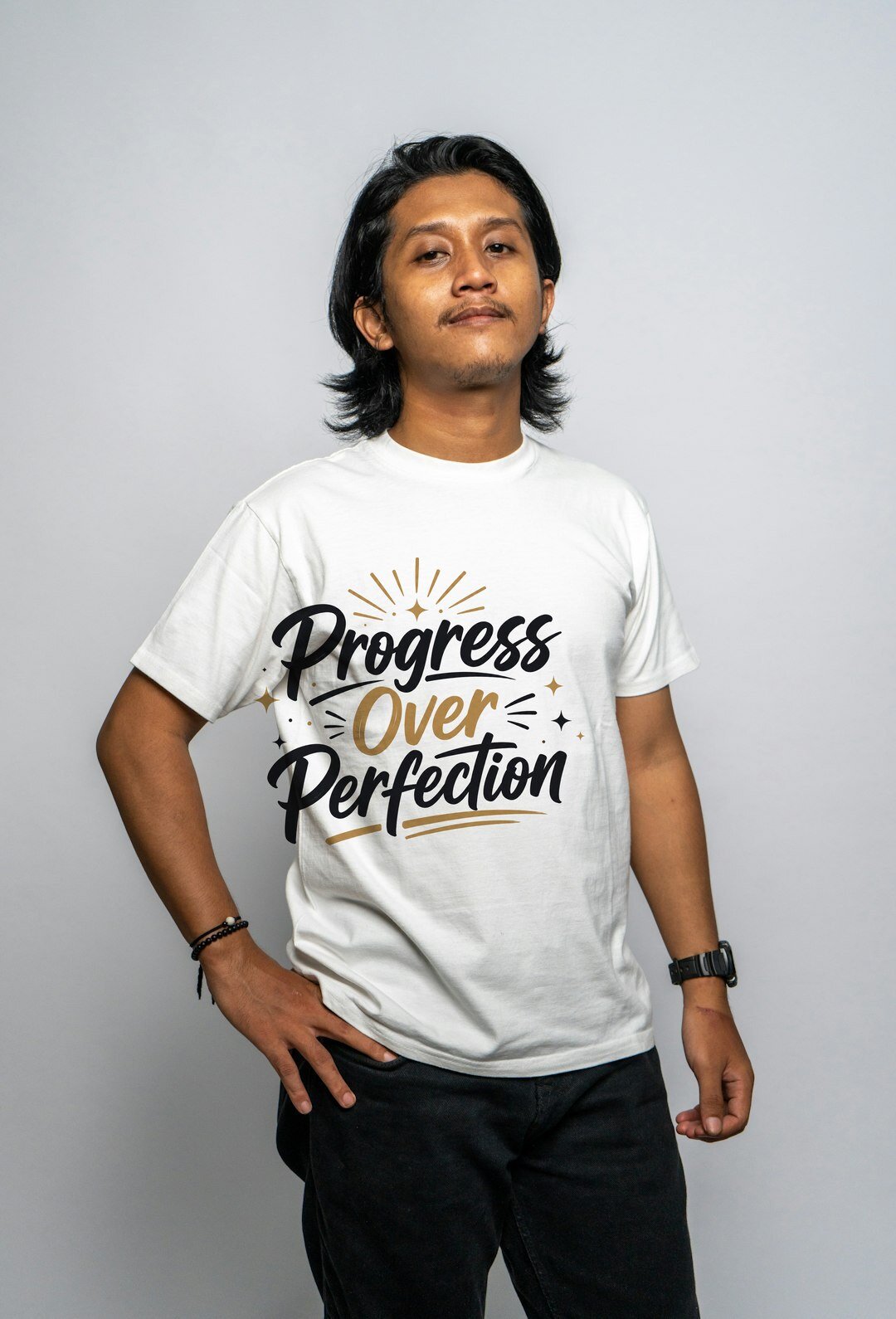 Progress Over Perfection - t-shirt model mockup (man-studio) Model wearing a t-shirt with the "Progress Over Perfection" design