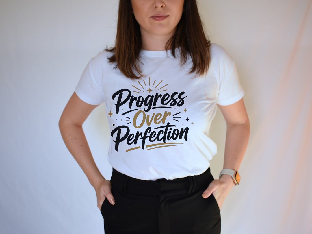 Progress Over Perfection - t-shirt model mockup (woman-tee) Model wearing a t-shirt with the "Progress Over Perfection" design