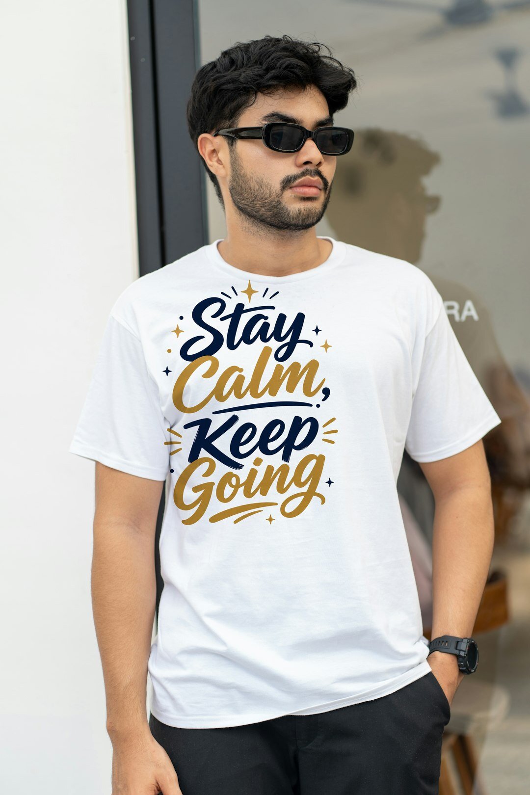 Stay Calm, Keep Going - t-shirt model mockup (man-street) Model wearing a t-shirt with the "Stay Calm, Keep Going" design