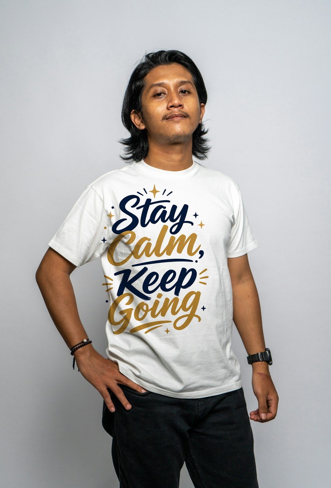 Stay Calm, Keep Going - t-shirt model mockup (man-studio) Model wearing a t-shirt with the "Stay Calm, Keep Going" design
