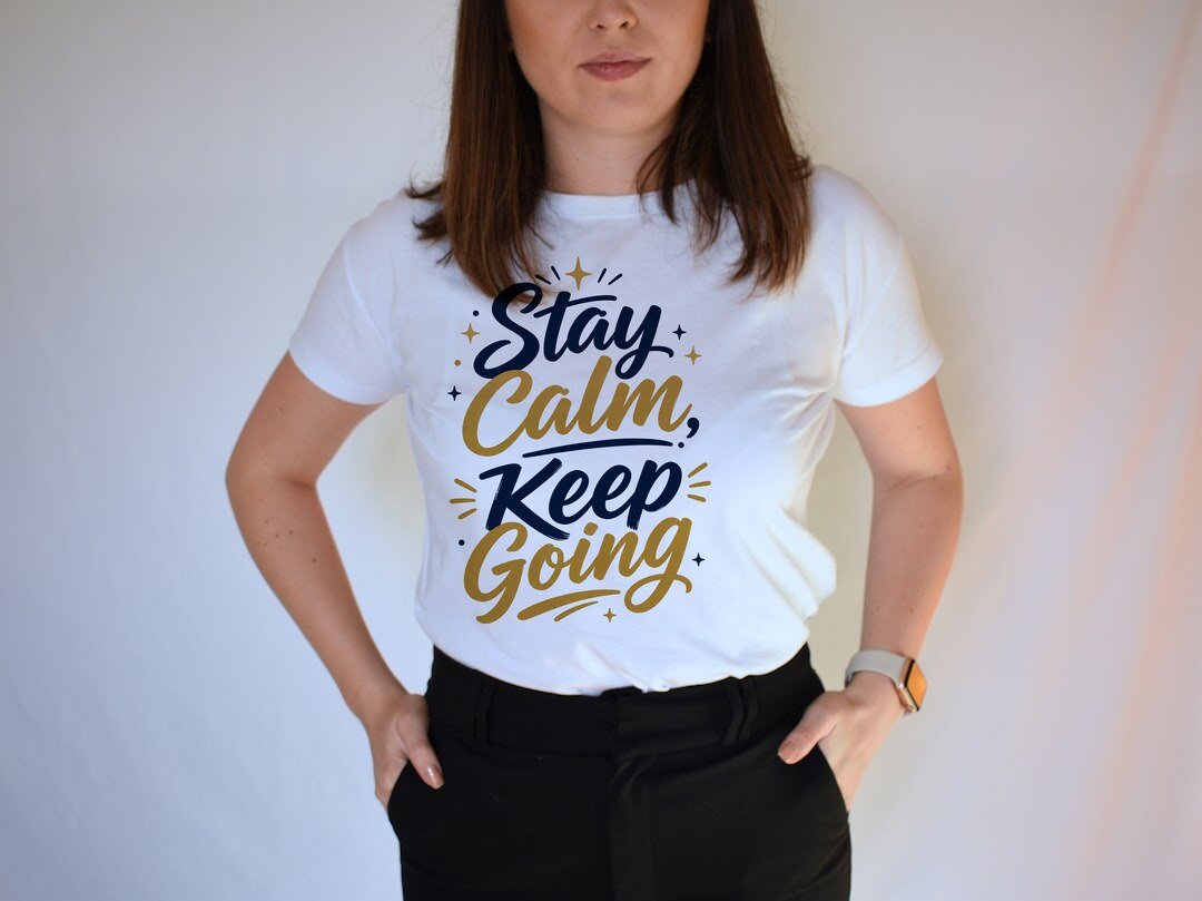Stay Calm, Keep Going - t-shirt model mockup (woman-tee) Model wearing a t-shirt with the "Stay Calm, Keep Going" design